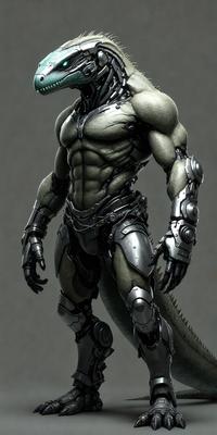 The primary subject of the image is a robotic, humanoid creature with a mix of human and reptilian features. It is standing on a gray surface, which could be a wall or a floor. The visual style of the image is digital art, as it appears to be a computer-generated or digitally rendered character. The colors and mood of the image are dark and futuristic, with the robotic creature being the main focus of the scene.